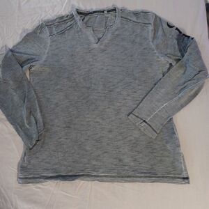 Guess Y2K mens XL gray heather long sleeve black flocked logo spellout on sleeve